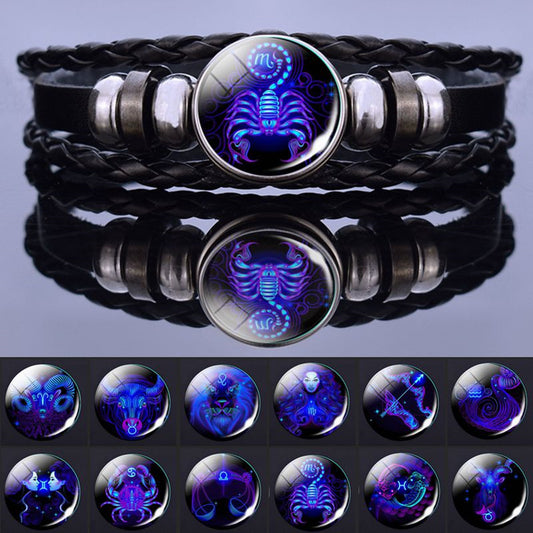 12 Constellations Beaded Glow Leather Bracelet Glass Alloy Multilayer Handwoven 12 Constellations Bracelet